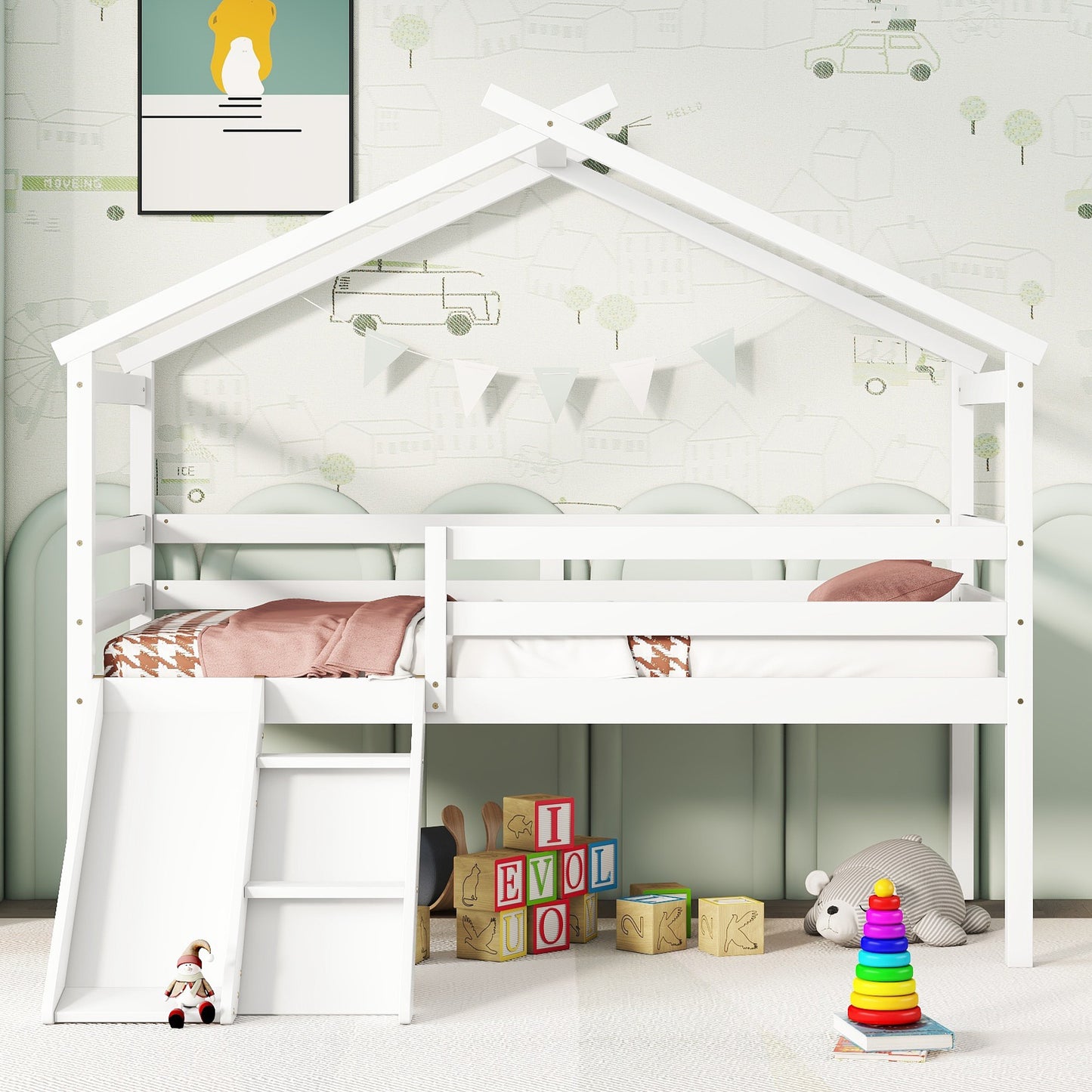Twin Low Loft Bed with Slide – White Pine Frame
