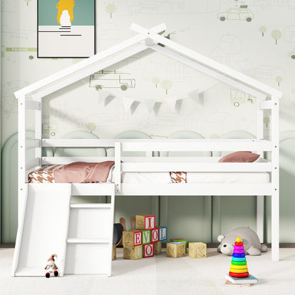 Twin Low Loft Bed with Slide – White Pine Frame