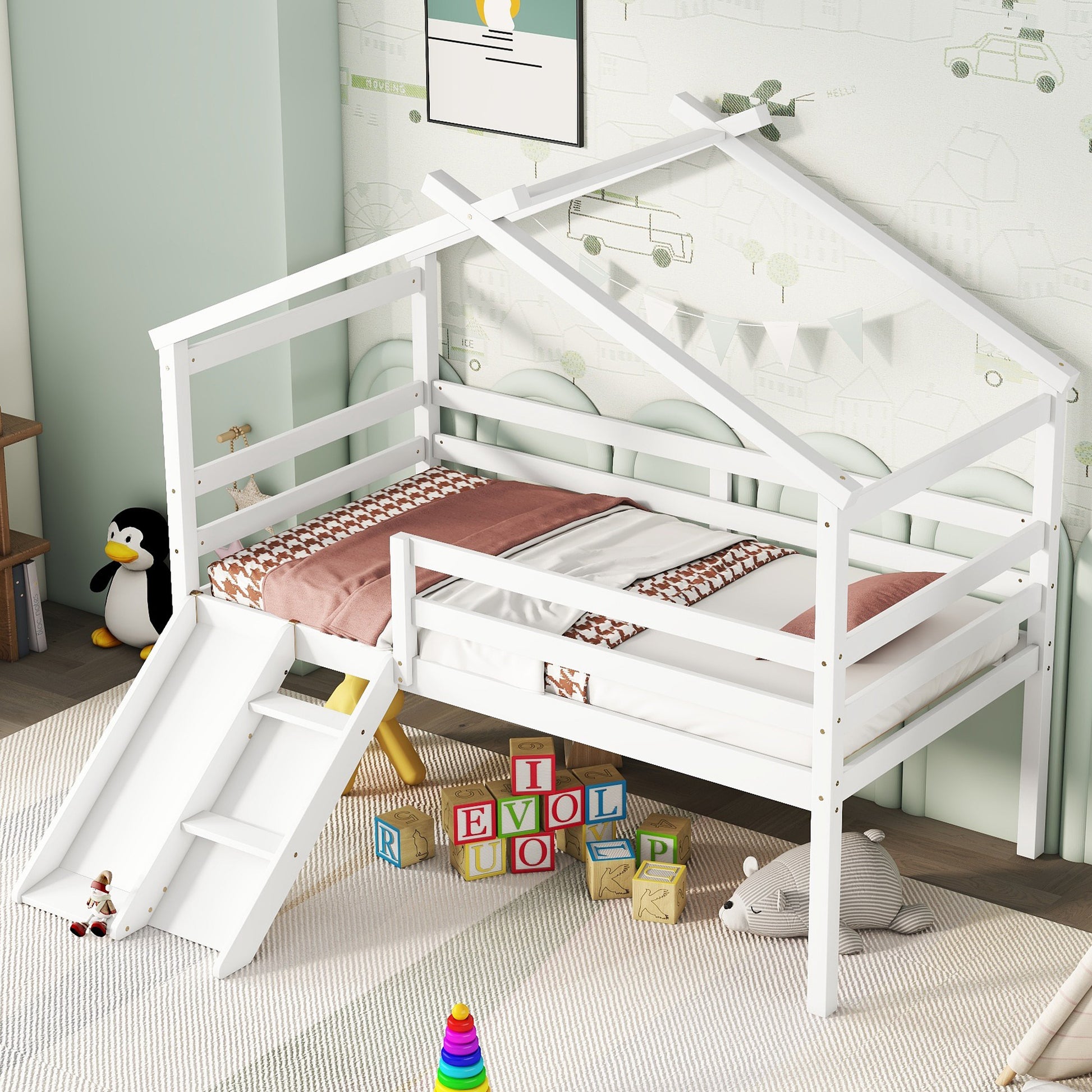 Twin Low Loft Bed with Slide – White Pine Frame