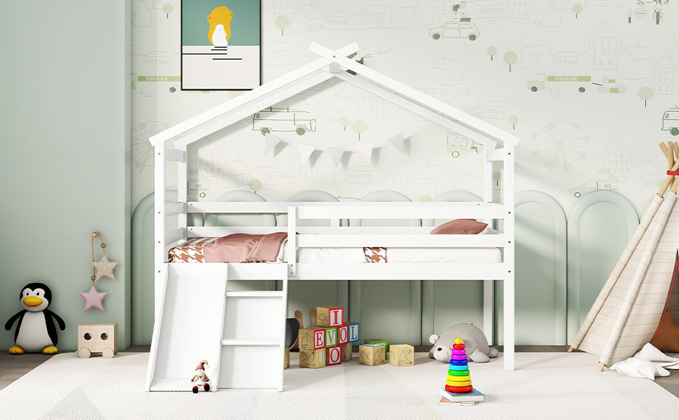 Twin Low Loft Bed with Slide – White Pine Frame