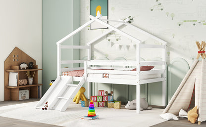 Twin Low Loft Bed with Slide – White Pine Frame