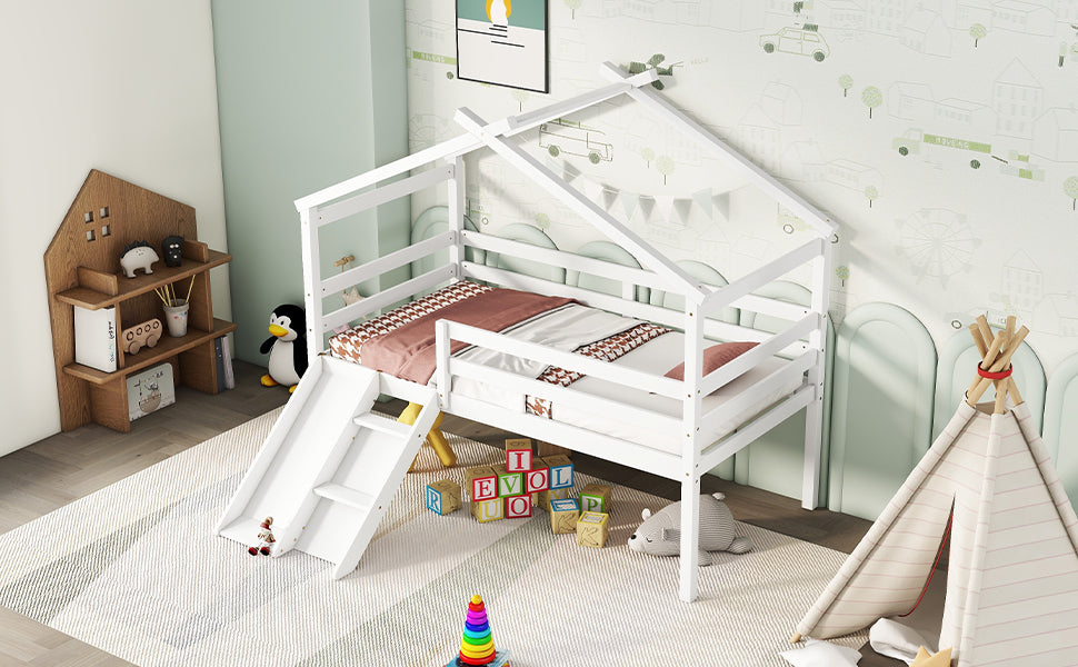 Twin Low Loft Bed with Slide – White Pine Frame