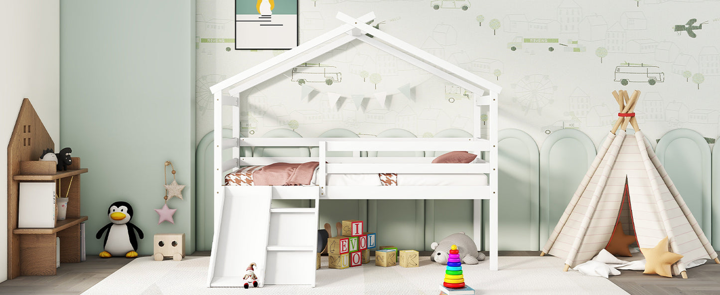 Twin Low Loft Bed with Slide – White Pine Frame
