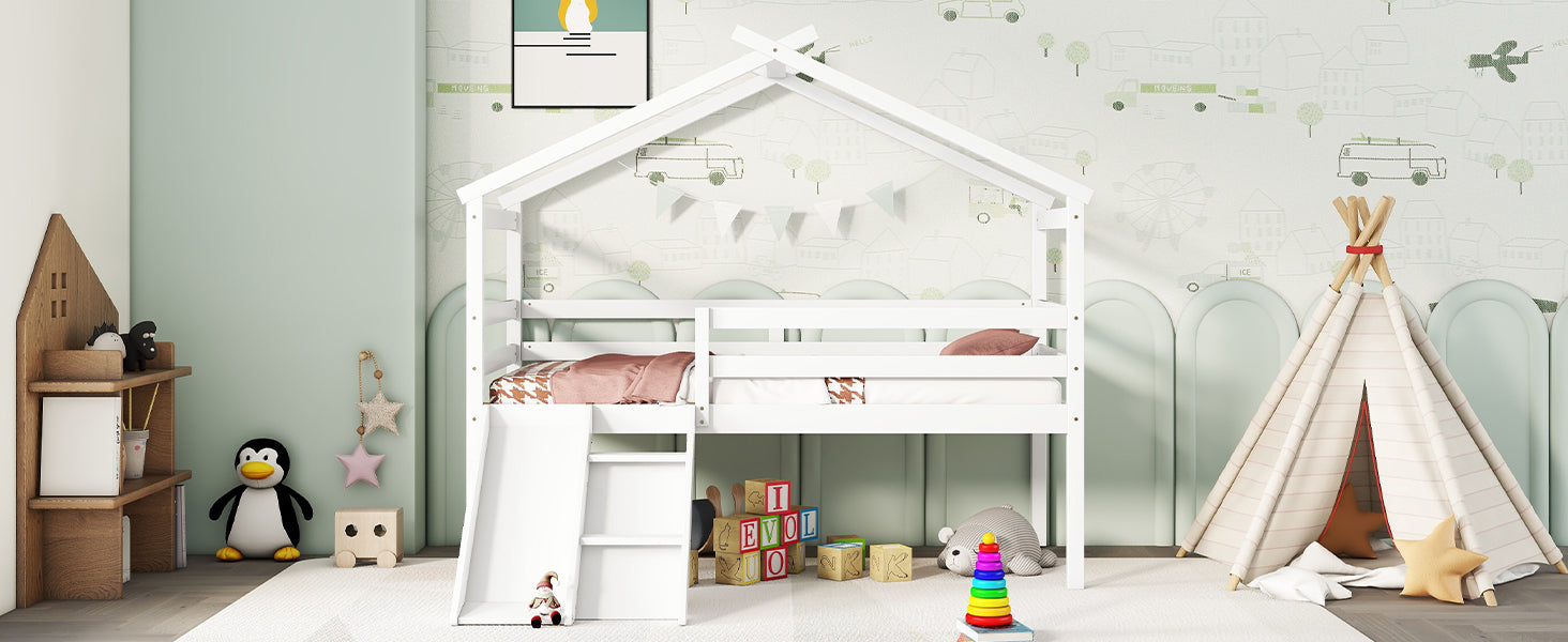 Twin Low Loft Bed with Slide – White Pine Frame