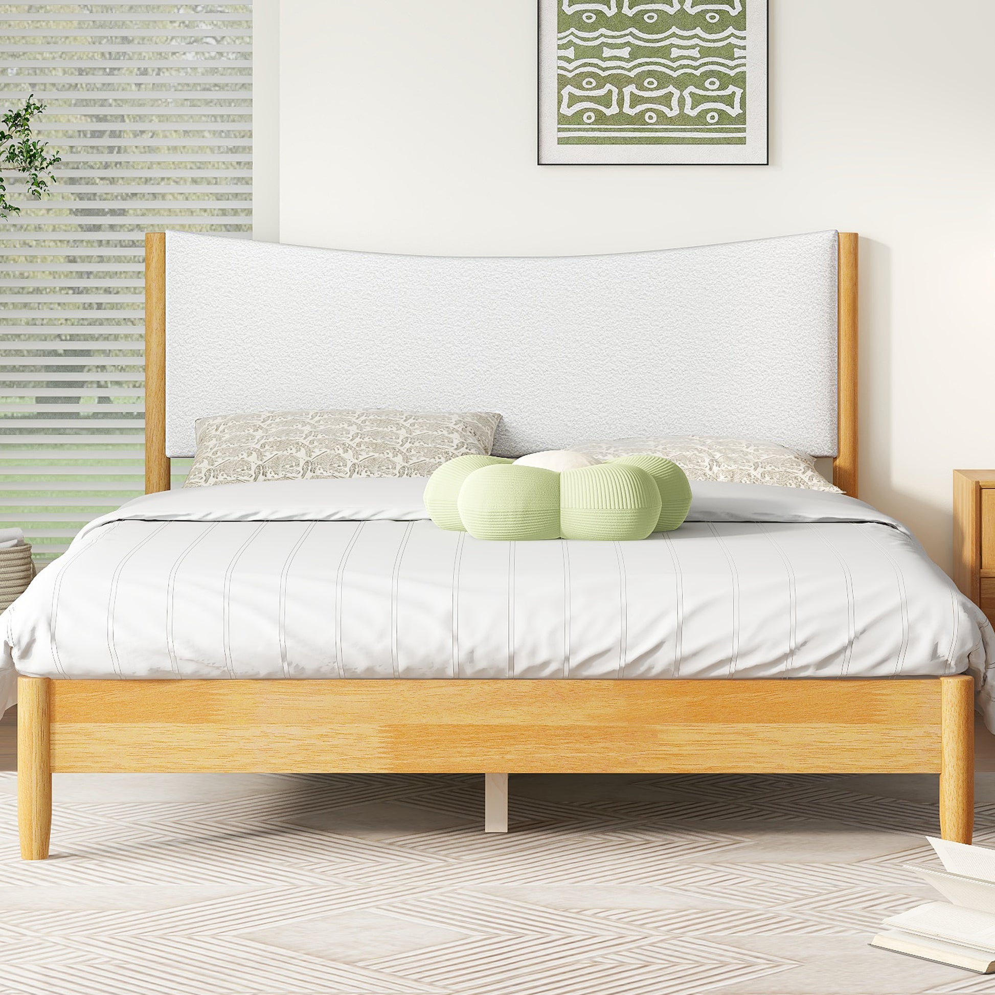 Queen Size, Solid Rubber Wooden Bed with Boucle Upholstered Headboard, Enhanced by Support Feet,Beech White