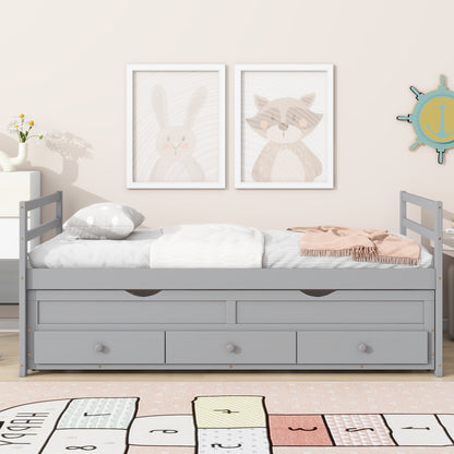 Twin Size Bed with Headboard, Footboard, Trundle and Three Storage Drawers, Twin Size Pine Wood Bed with Headboard, Footboard,Grey