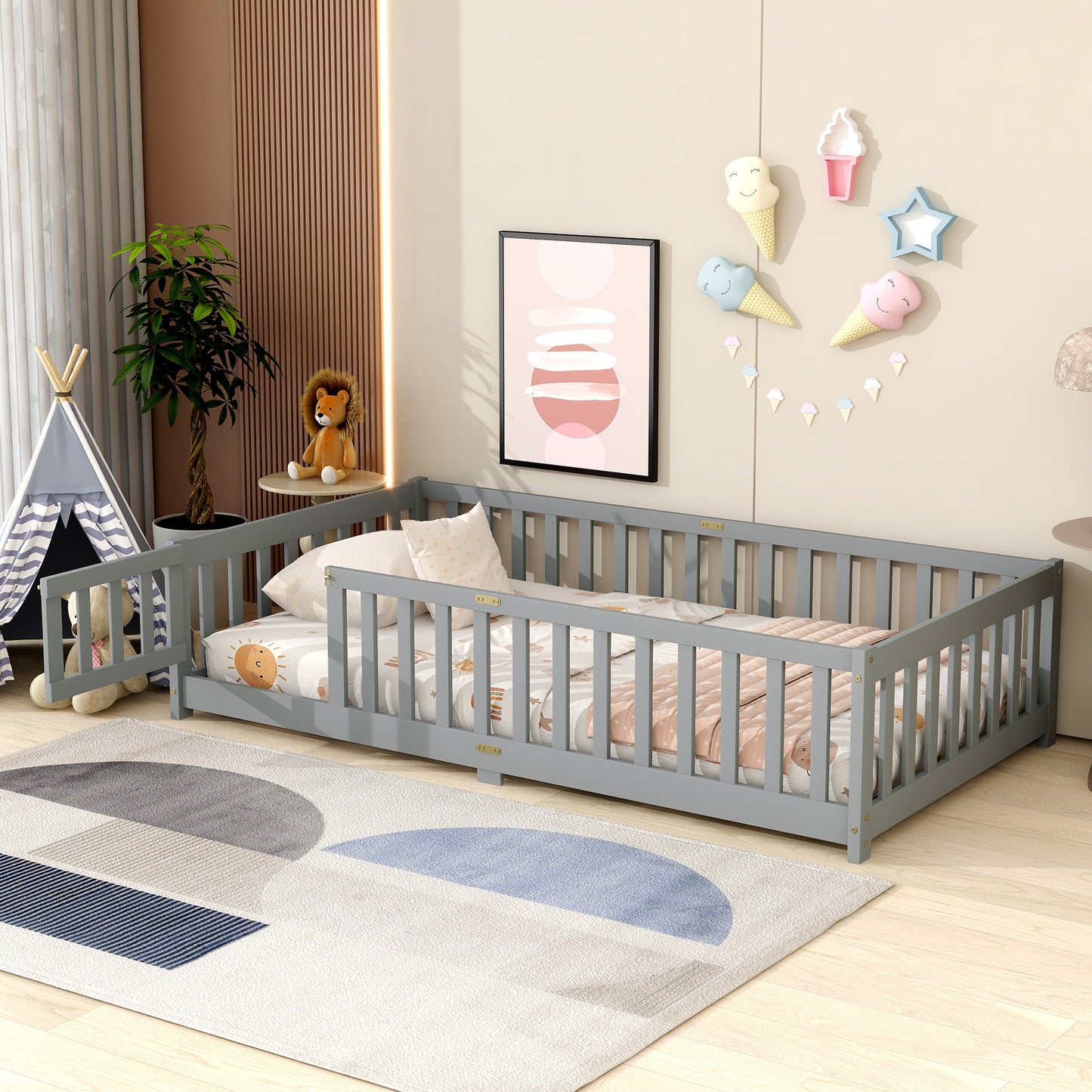 Twin Size Floor Bed with Fence - Grey Rubber Wood for Bedroom