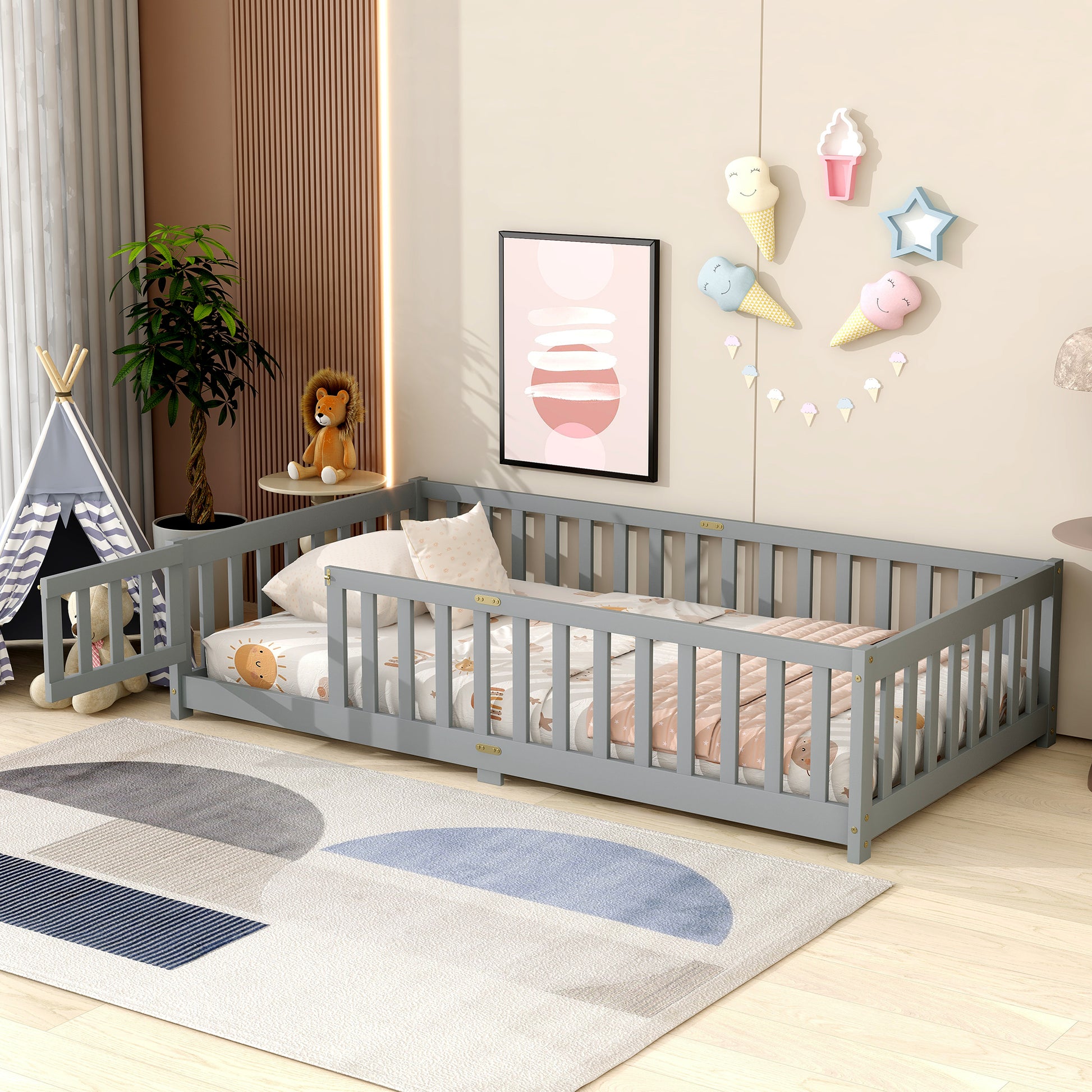 Twin Size Floor Bed with Fence - Grey Rubber Wood for Bedroom