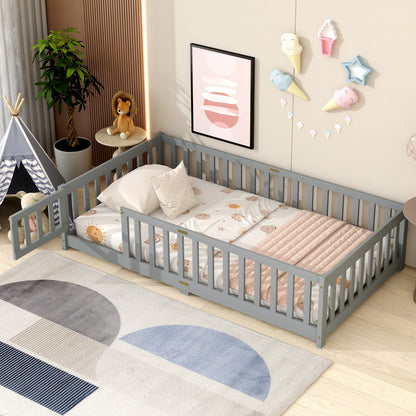 Twin Size Floor Bed with Fence and Door,Rubber Wood Floor Bed with Safety Guardrails,Grey (Old Sku W504P286372)