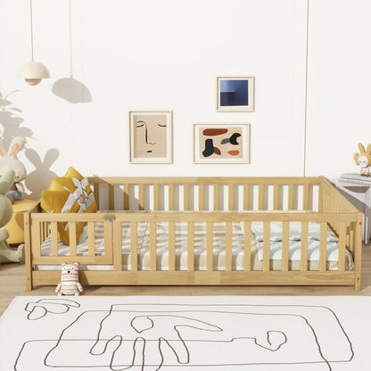 Full Size Floor Bed with Fence and Door,Rubber Wood Floor Bed with Safety Guardrails,Natural(Old Sku W504P296787)
