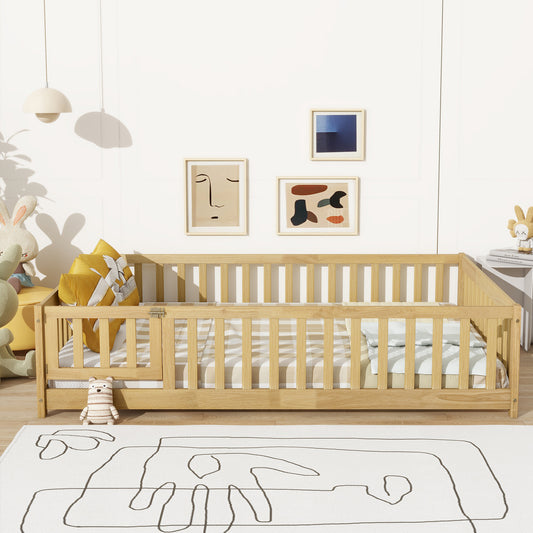 Full Size Floor Bed with Fence and Door,Rubber Wood Floor Bed with Safety Guardrails,Natural(Old Sku W504P296787)