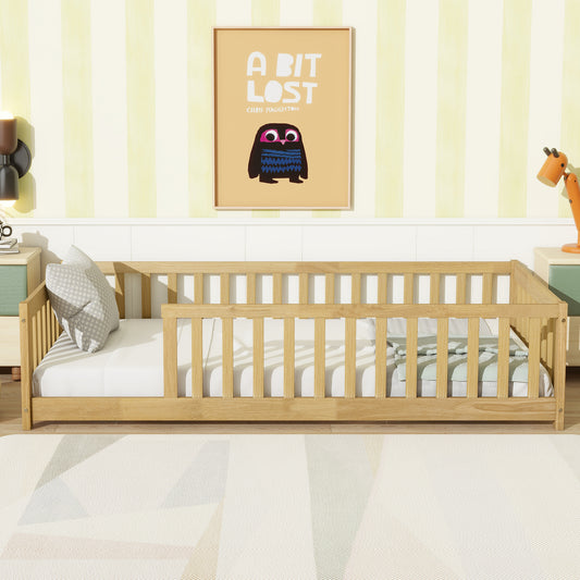 Twin Size Floor Bed with Fence without Door, Rubber Wood Floor Bed with Safety Guardrails,Natural (Old Sku W504P296796)