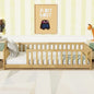 Twin Size Floor Bed with Fence without Door, Rubber Wood Floor Bed with Safety Guardrails,Natural (Old Sku W504P296796)
