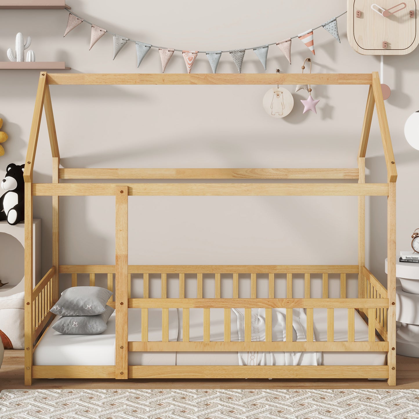 Twin Size House Floor Wooden Bed with Roof Frame,Safety Guardrails,Natural (Old Sku W504P286404)