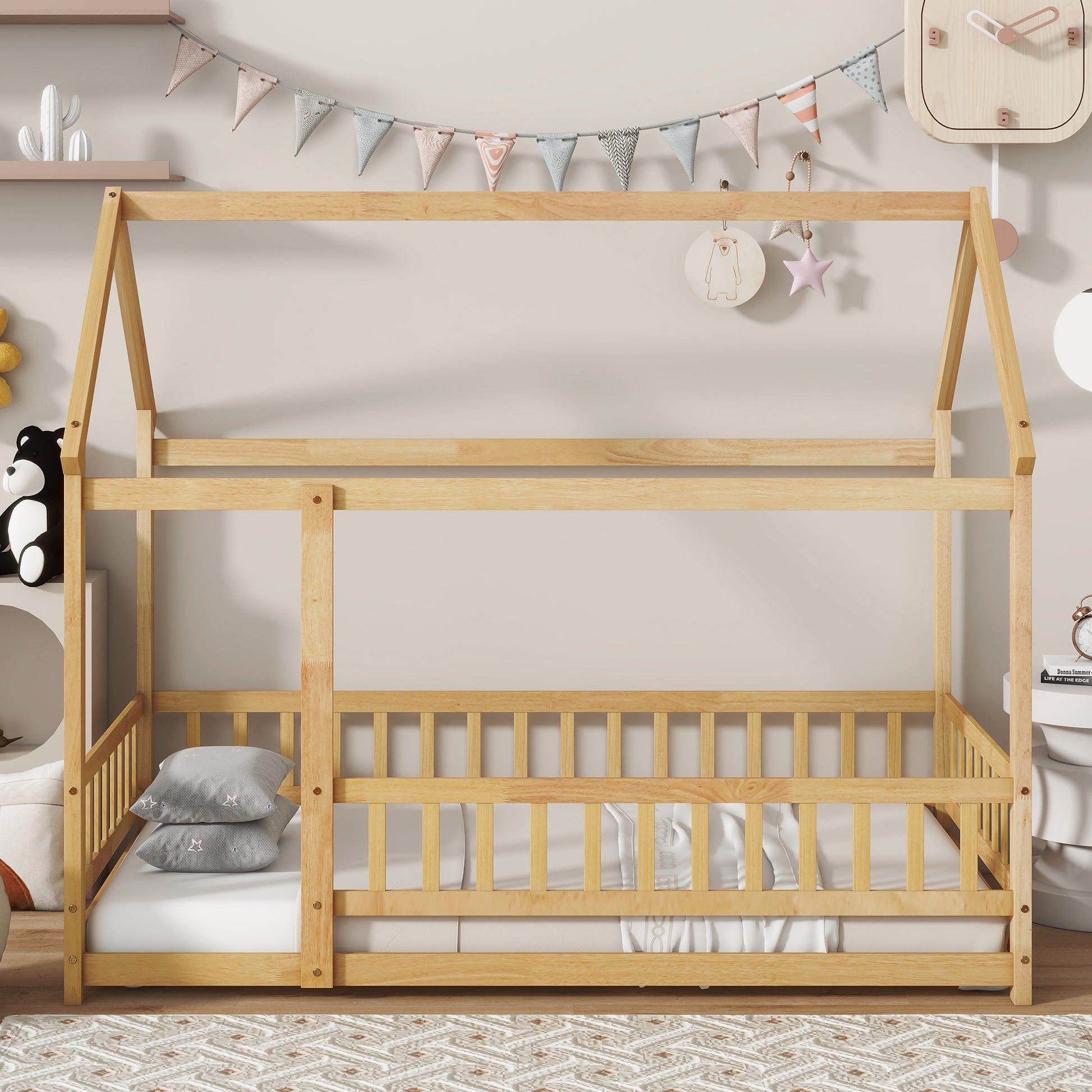 Twin Size House Floor Wooden Bed with Roof Frame,Safety Guardrails,Natural (Old Sku W504P286404)
