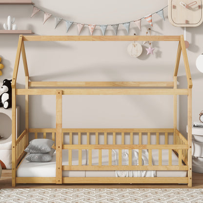 Twin Size House Floor Wooden Bed with Roof Frame,Safety Guardrails,Natural (Old Sku W504P286404)
