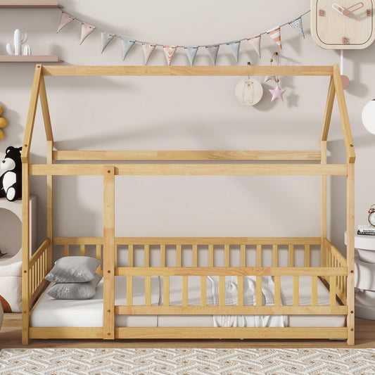 Twin Size House Floor Wooden Bed with Roof Frame,Safety Guardrails,Natural (Old Sku W504P286404)