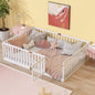 Full Size Floor Bed with High Fence Railings, with Door,6 Slats Included, Rubber Wood Floor Bed with Safety Guardrails,White