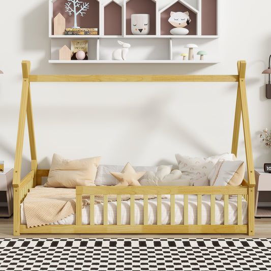 Twin Tent-shaped Floor Bed,Teepee Bed with Guardrails,Slats,Natural