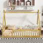 Twin Tent-shaped Floor Bed,Teepee Bed with Guardrails,Slats,Natural