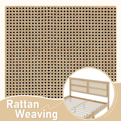 Natural Rubber Wood Queen Bed with Rattan Headboard for Bedroom Storage