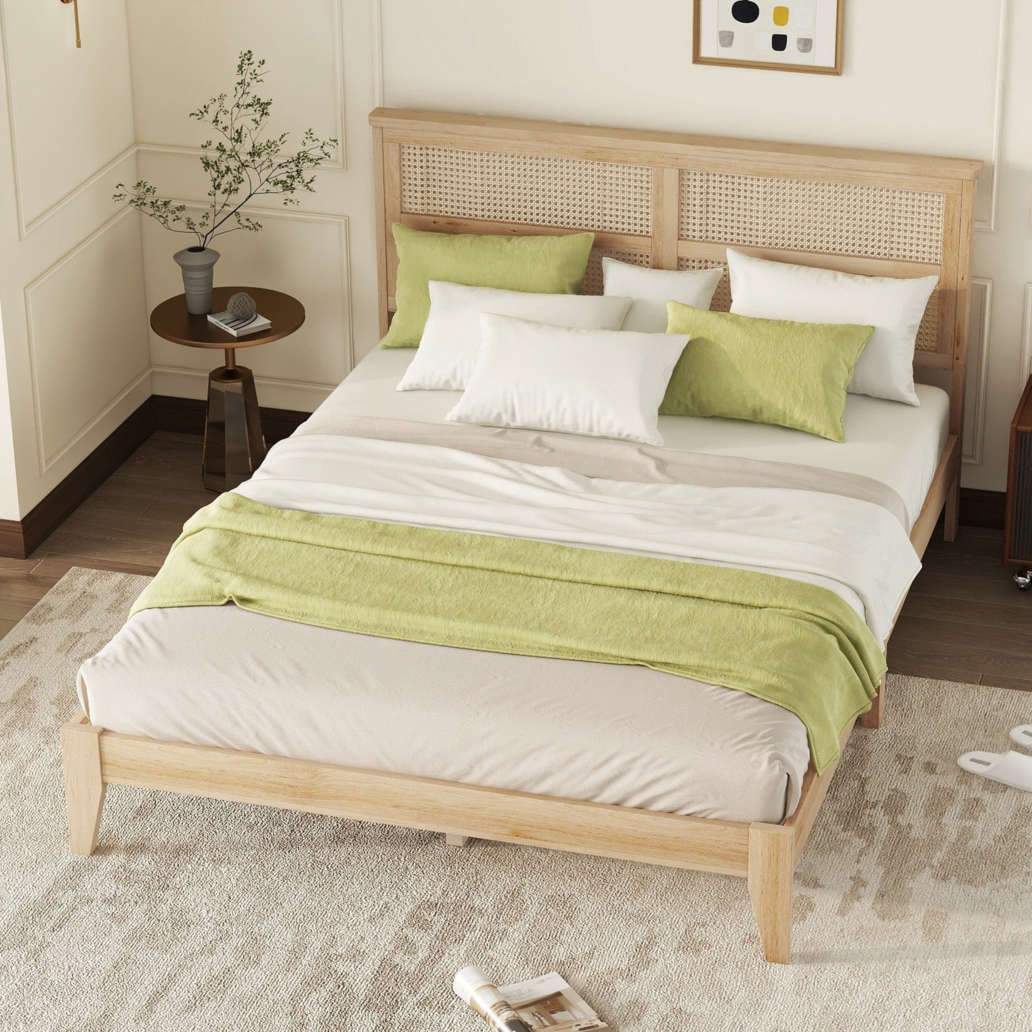 Natural Rubber Wood Queen Bed with Rattan Headboard for Bedroom Storage