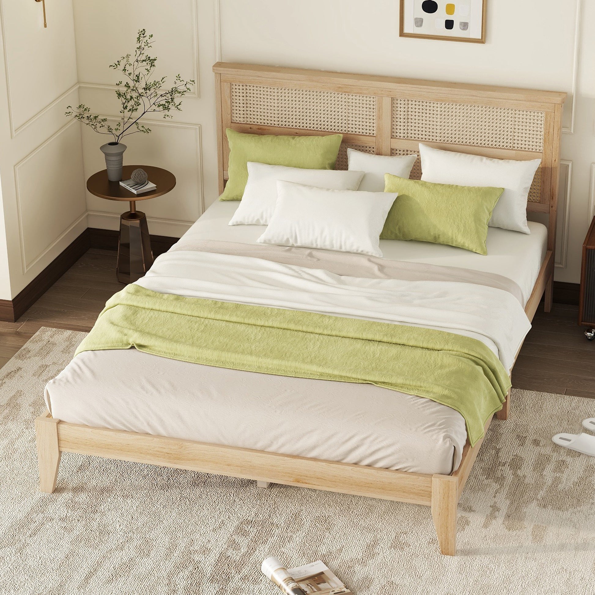 Natural Rubber Wood Queen Bed with Rattan Headboard for Bedroom Storage