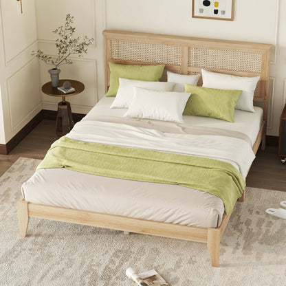 Natural Rubber Wood Queen Bed with Rattan Headboard for Bedroom Storage