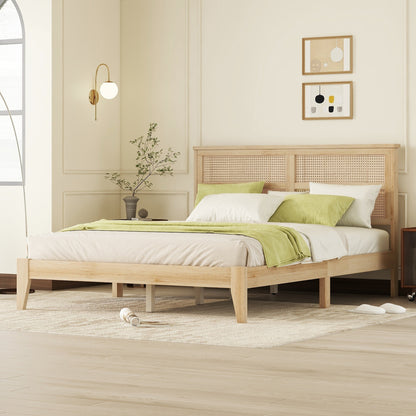 Natural Rubber Wood Queen Bed with Rattan Headboard for Bedroom Storage