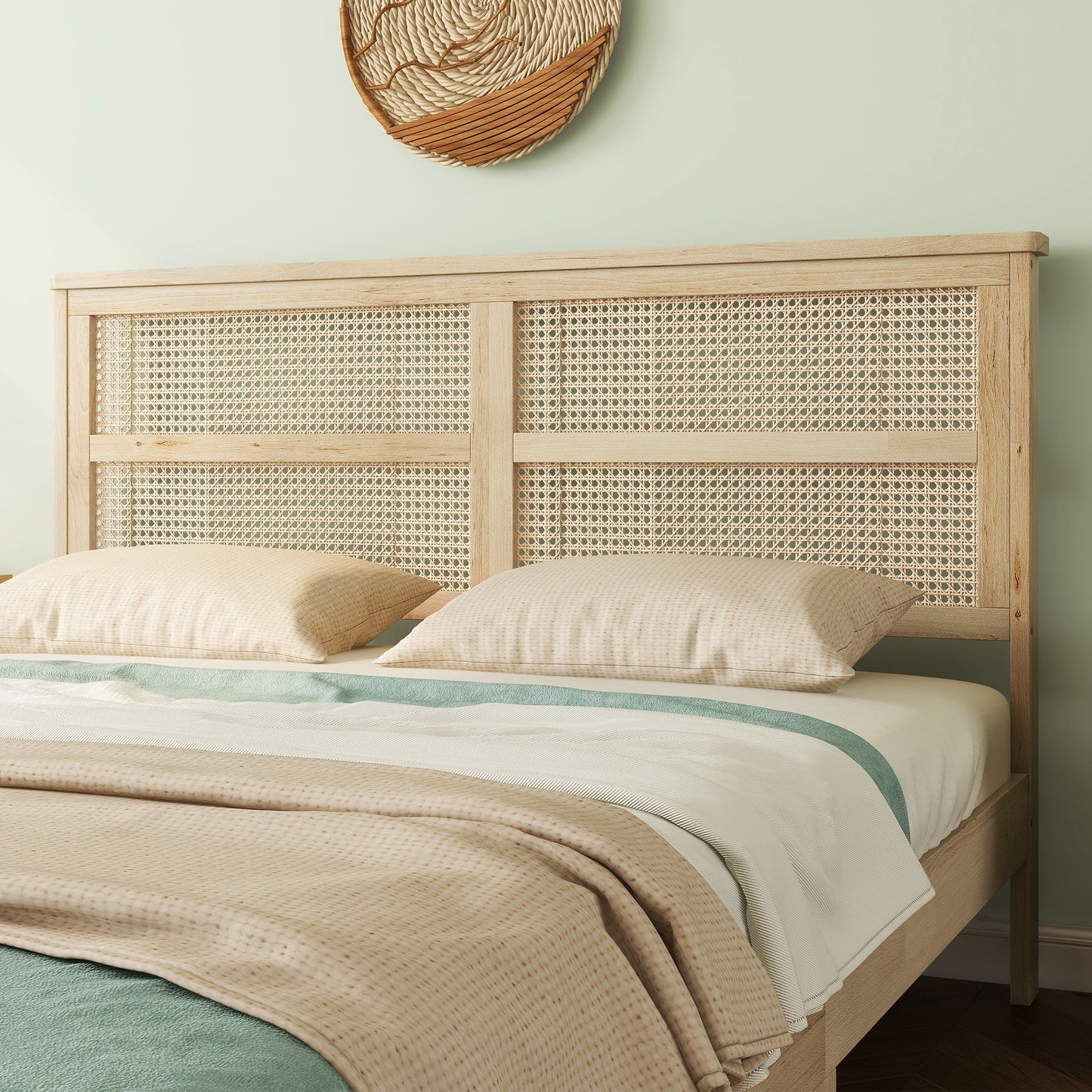 Natural Rubber Wood Queen Bed with Rattan Headboard for Bedroom Storage