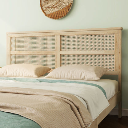 Natural Rubber Wood Queen Bed with Rattan Headboard for Bedroom Storage