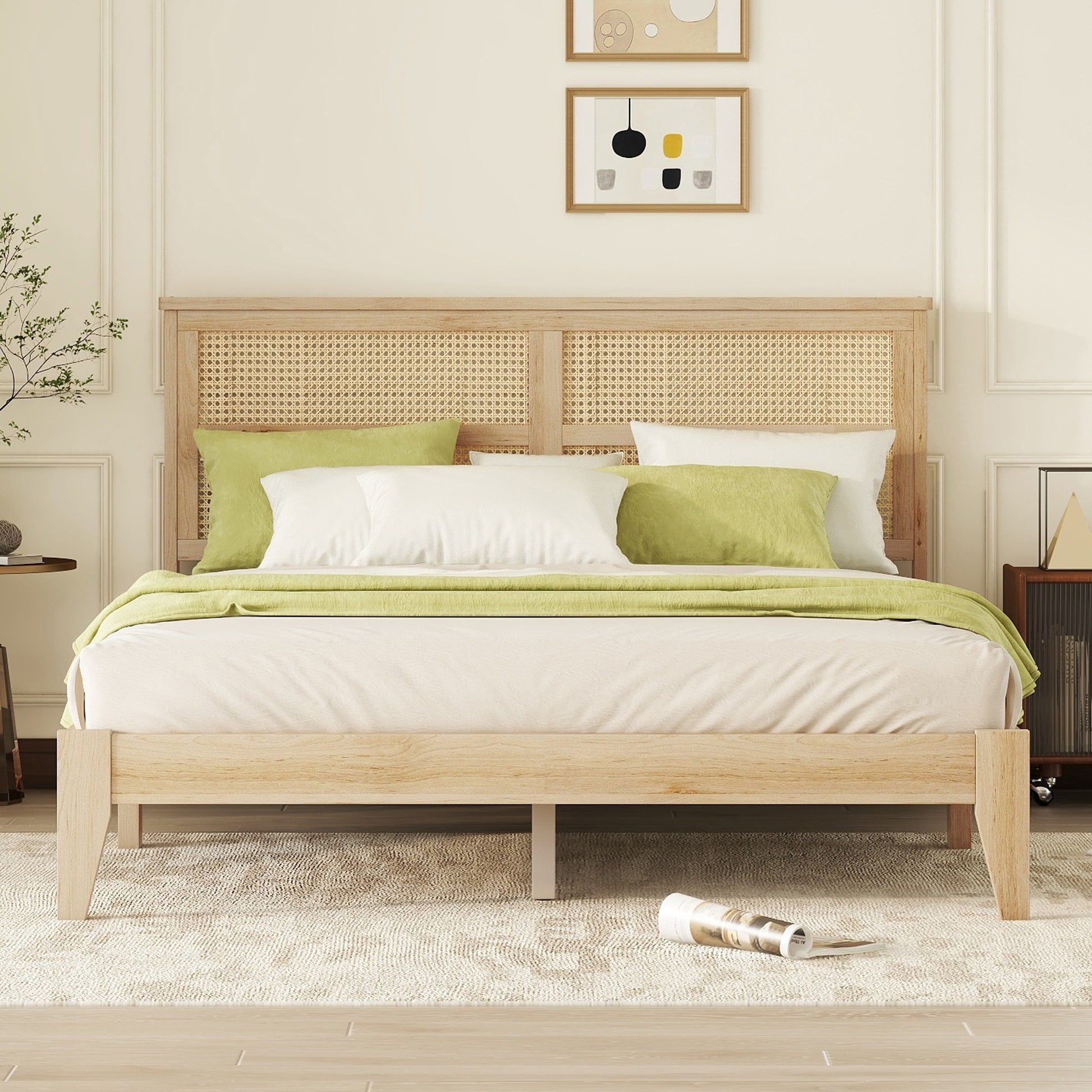 Queen Size Rubber Wooden, Solid Wooden Bed with Rattan Headboard, Enhanced by Support Feet,Natural