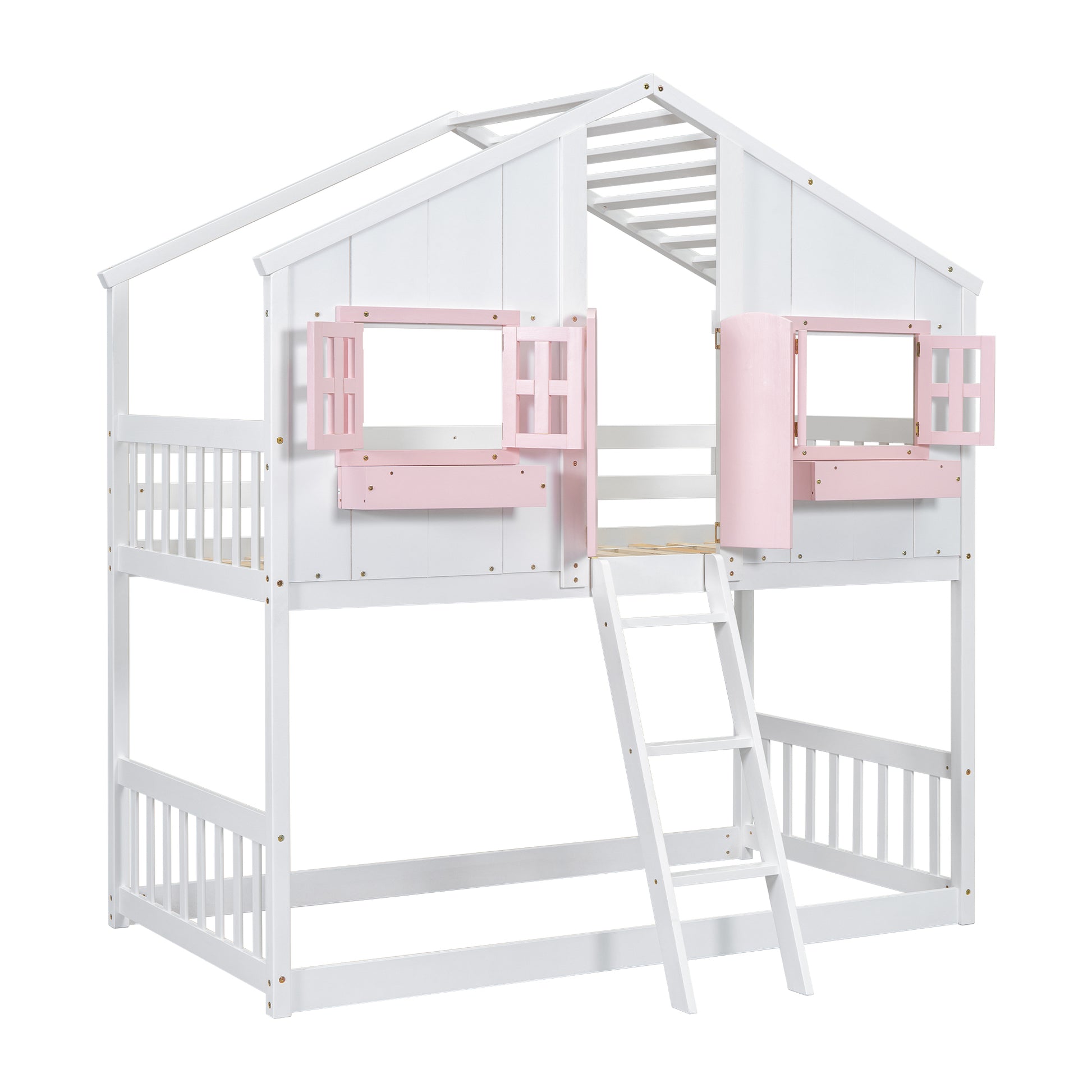Twin over Twin Bunk Bed - Pink+White Pine for Bedroom
