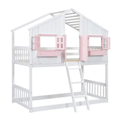 Twin over Twin Bunk Bed - Pink+White Pine for Bedroom