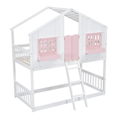 Twin over Twin Bunk Bed - Pink+White Pine for Bedroom