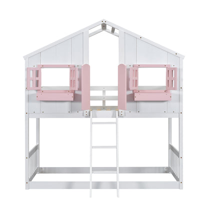 Twin over Twin Bunk Bed - Pink+White Pine for Bedroom
