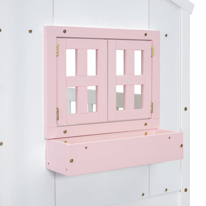Twin over Twin Bunk Bed - Pink+White Pine for Bedroom