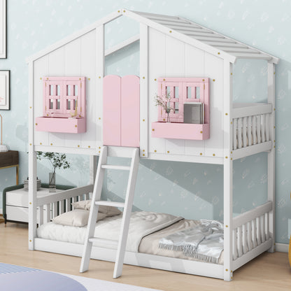 Twin over Twin House Bunk Bed with Roof , Window, Window  Box, Door , with Safety Guardrails and Ladder, Pink/White