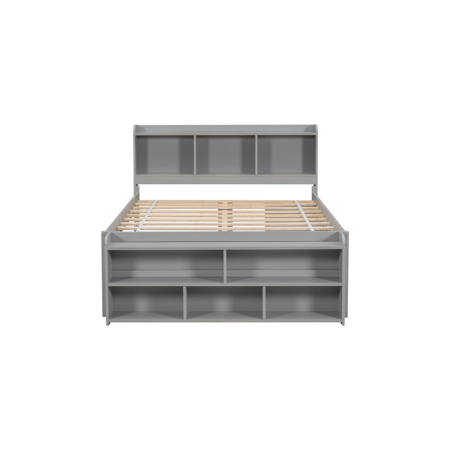 Full Size Grey Pine Bed with Storage Headboard for Bedroom