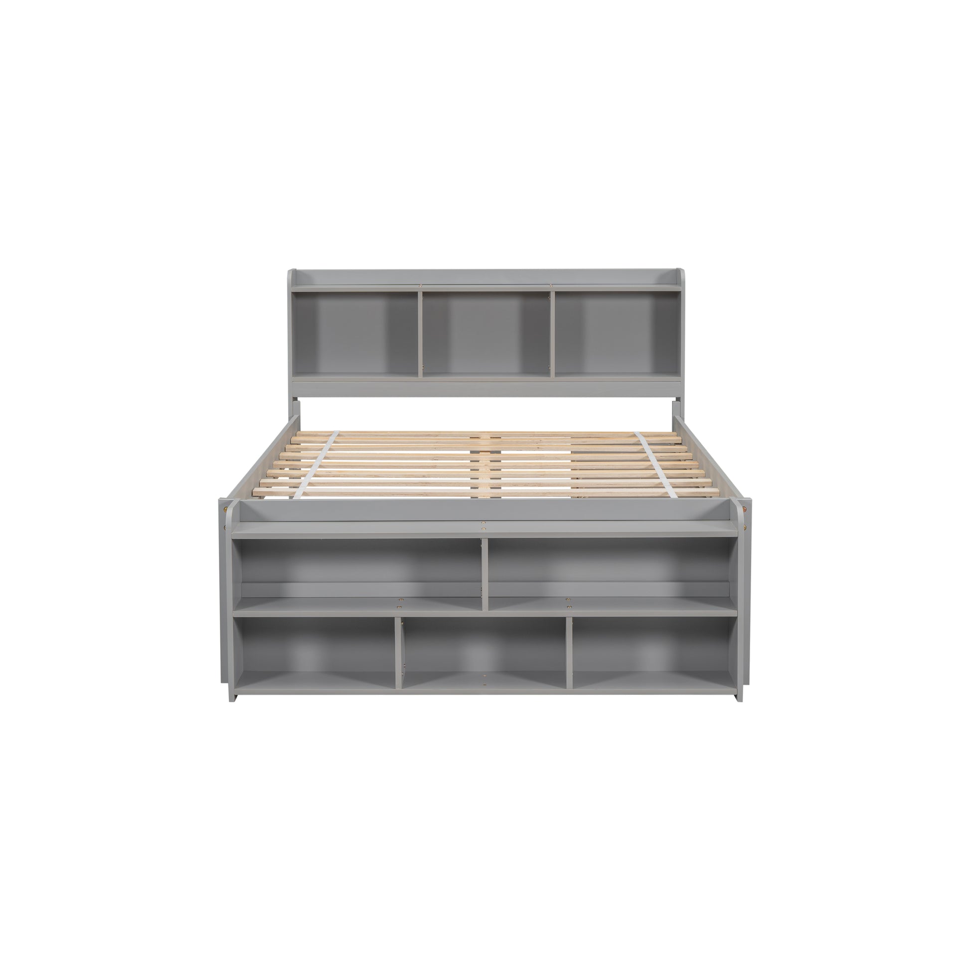 Full Size Grey Pine Bed with Storage Headboard for Bedroom