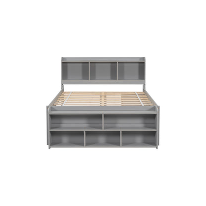 Full Size Grey Pine Bed with Storage Headboard for Bedroom
