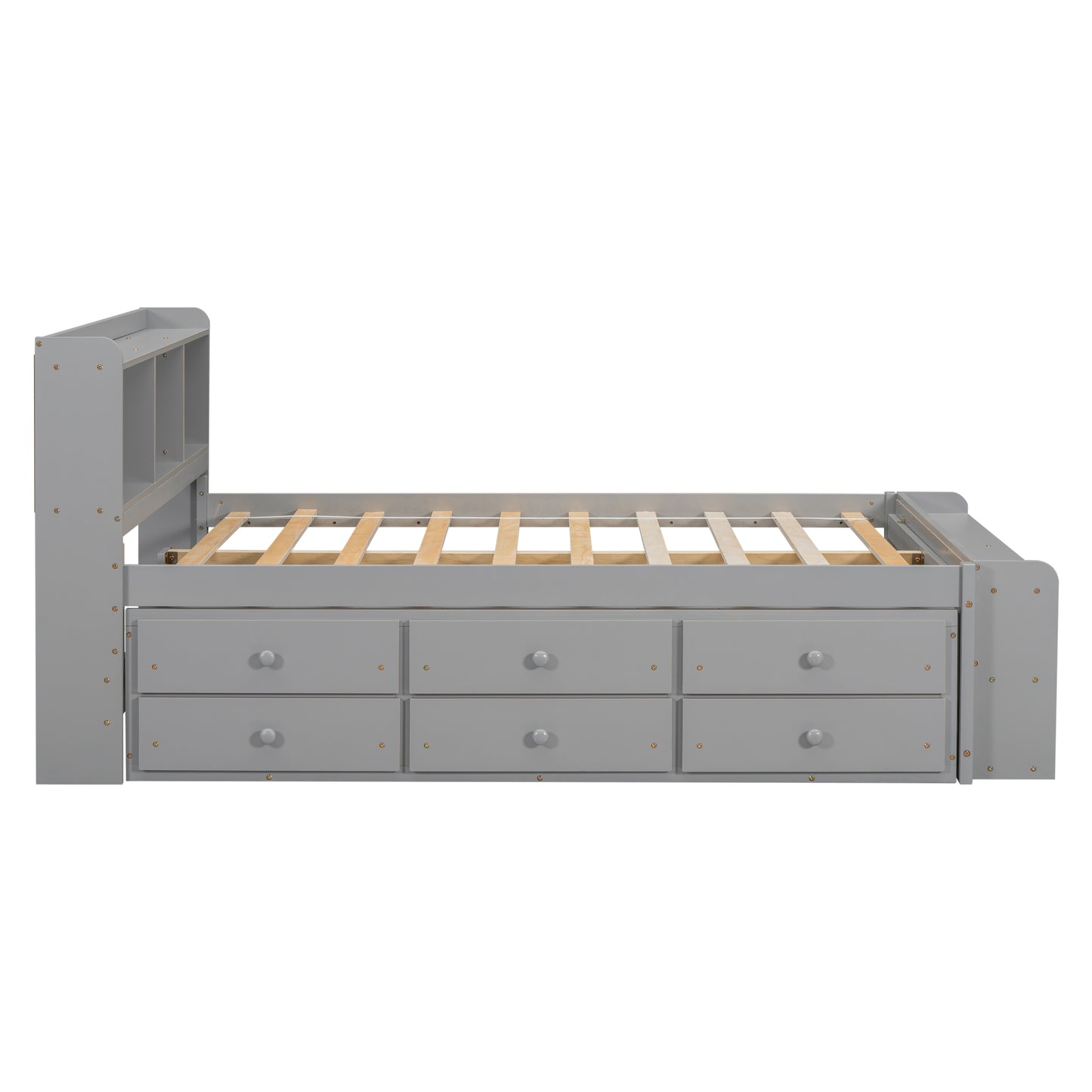 Full Size Grey Pine Bed with Storage Headboard for Bedroom