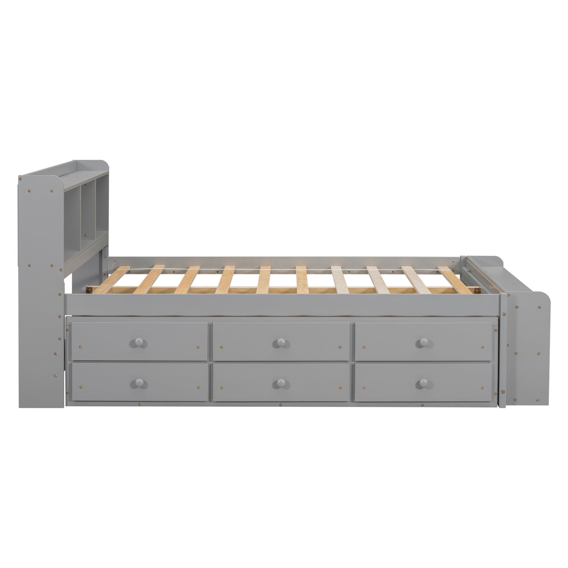 Full Size Grey Pine Bed with Storage Headboard for Bedroom
