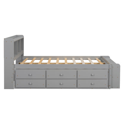 Full Size Grey Pine Bed with Storage Headboard for Bedroom
