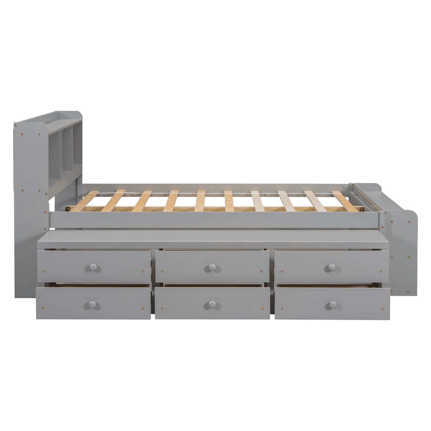 Full Size Grey Pine Bed with Storage Headboard for Bedroom