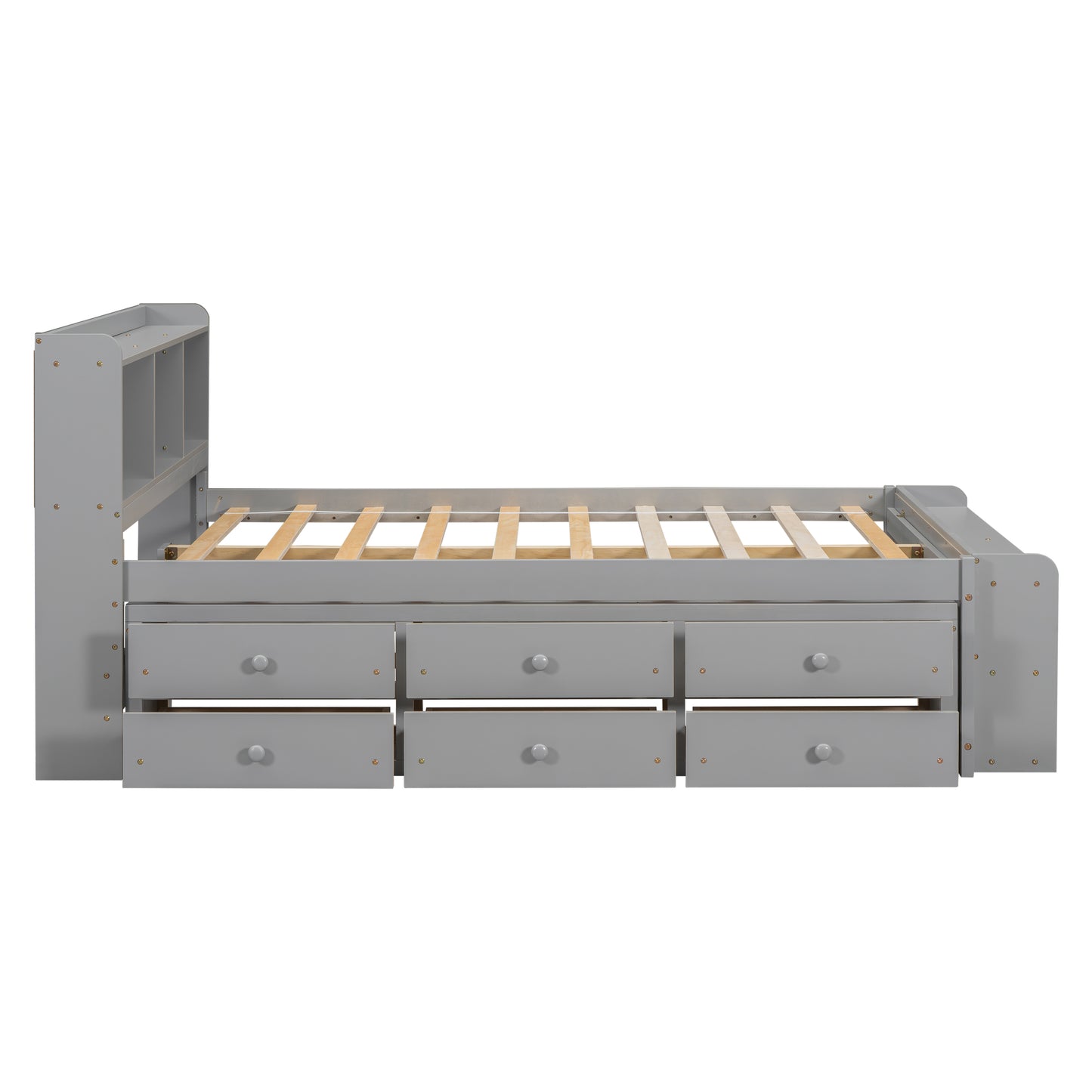 Full Size Grey Pine Bed with Storage Headboard for Bedroom