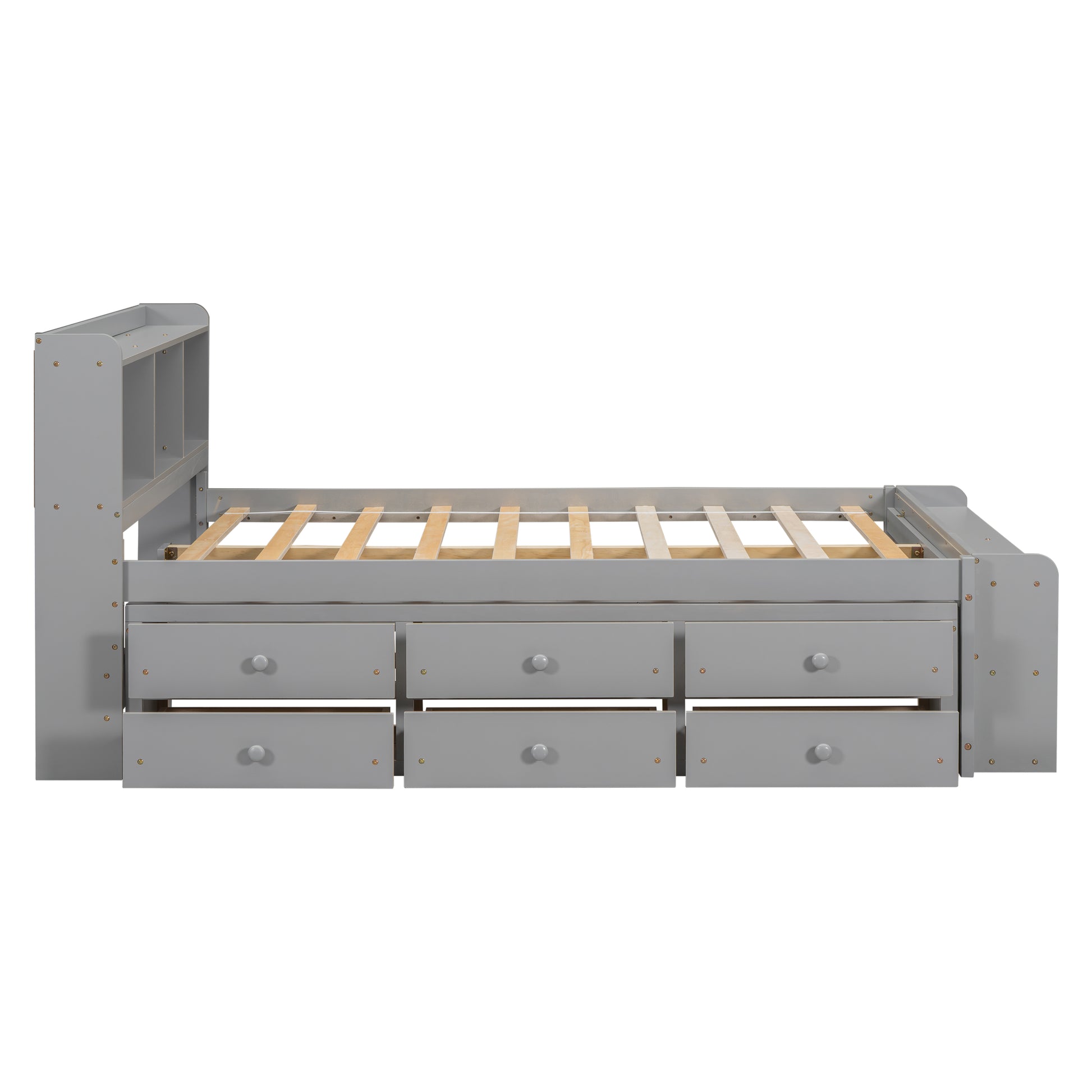 Full Size Grey Pine Bed with Storage Headboard for Bedroom