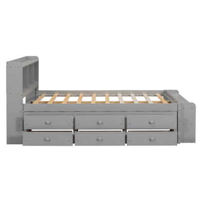 Full Size Grey Pine Bed with Storage Headboard for Bedroom