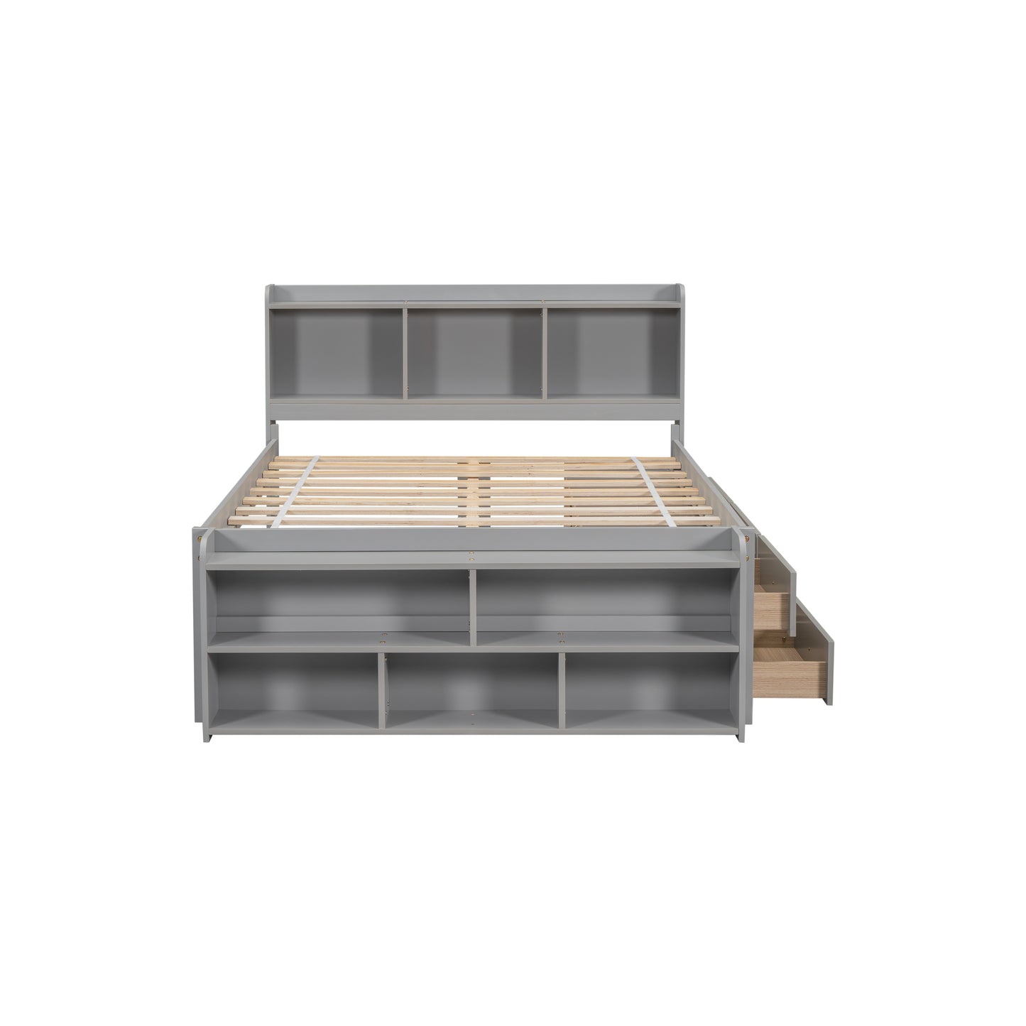 Full Size Grey Pine Bed with Storage Headboard for Bedroom