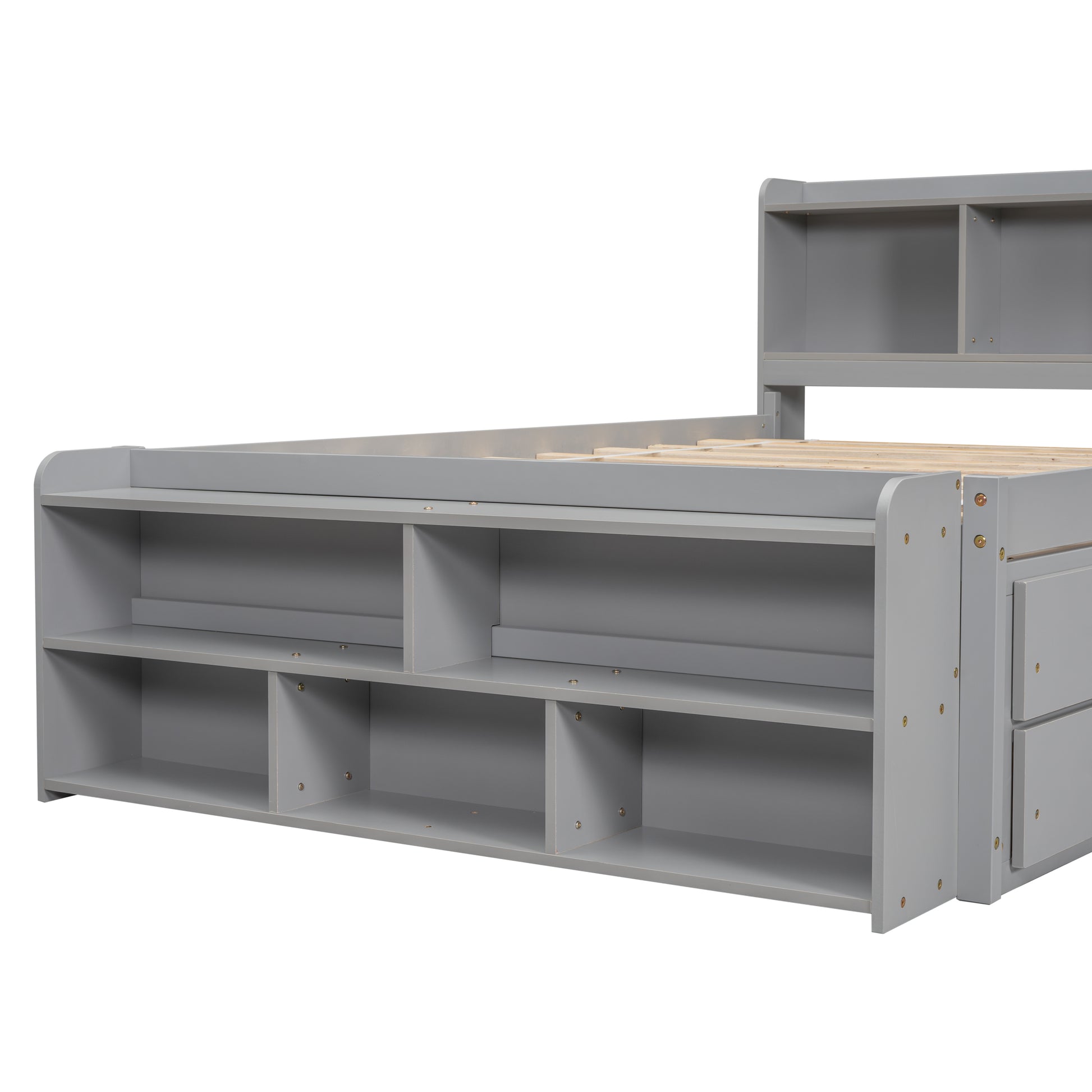 Full Size Grey Pine Bed with Storage Headboard for Bedroom